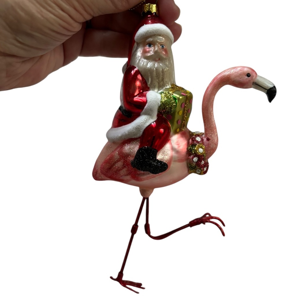 Santa on Flamingo Glass Christmas Ornament